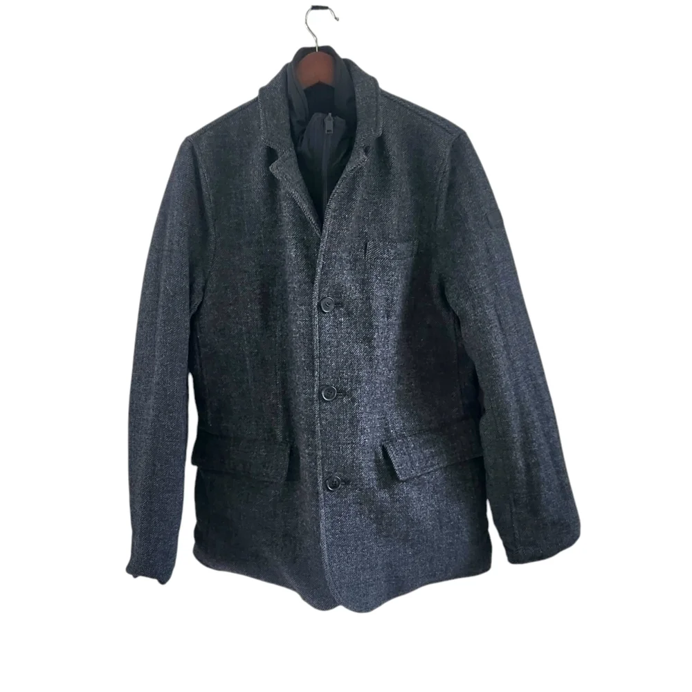 Tumi Mens Size Medium Reversible Wool Nylon Coat Jacket Overcoat Black Gray - Picture 7 of 13